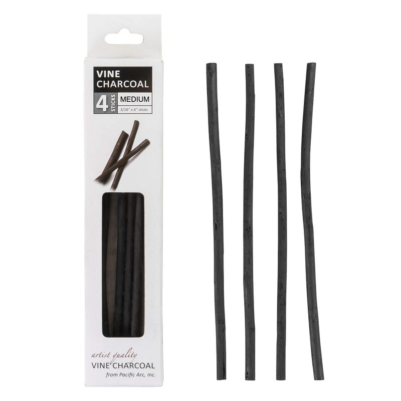 Pacific Arc Artist Vine Charcoal, Medium, Black 4 Charcoal Sticks for Drawing, Sketching, and Fine Art - Image 1